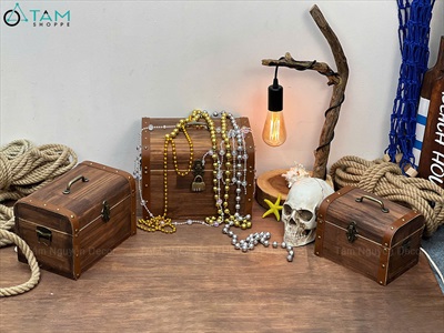 Rương gỗ viền da đinh tán bo nắp [03 Size - Tặng ổ khóa] Cao 14 - 20cm RUONG-GO-05